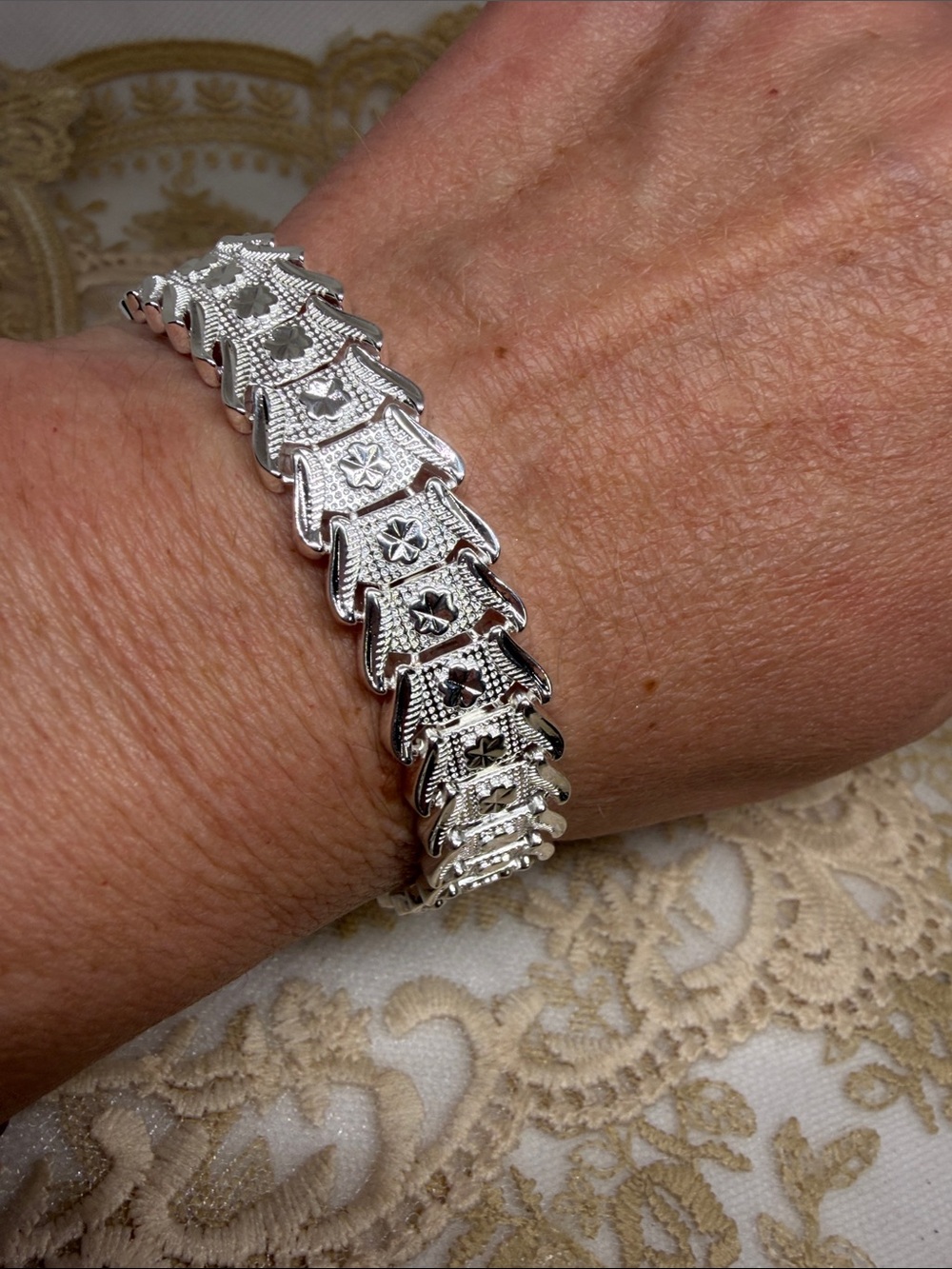 925 Silver Articulated Link Bracelet Diamond Etched Geometric Statement